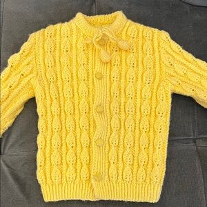 Kids Yellow Cable-Knit Crochet Cardigan with Pom-Tie Detail